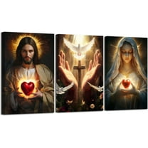 Hieng Sacred Heart Wall Art 3 Pieces Jesus Mary Portrait Pictures Christian Catholic Canvas Prints Cross Dove of Peace Paintings for Church Decor Unframed