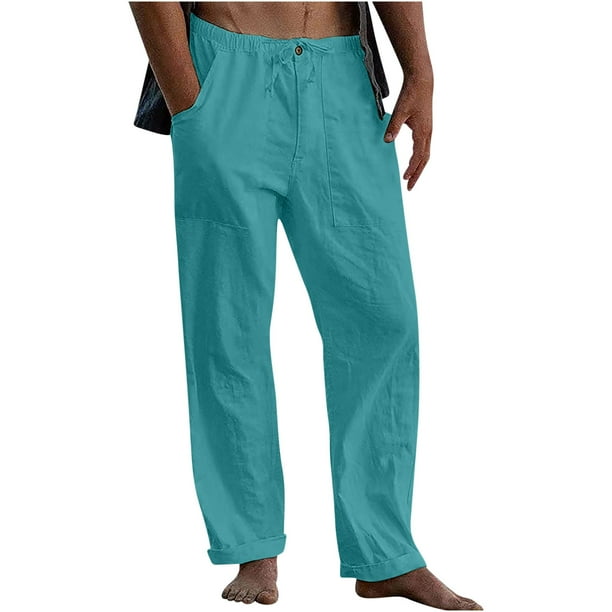 Pantalones de Lino de los Hombres con Cordón Elástico de Color Sólido Pantalones Sueltos 60% Algodón 40% Lino, Pantalones Casuales para el Verano