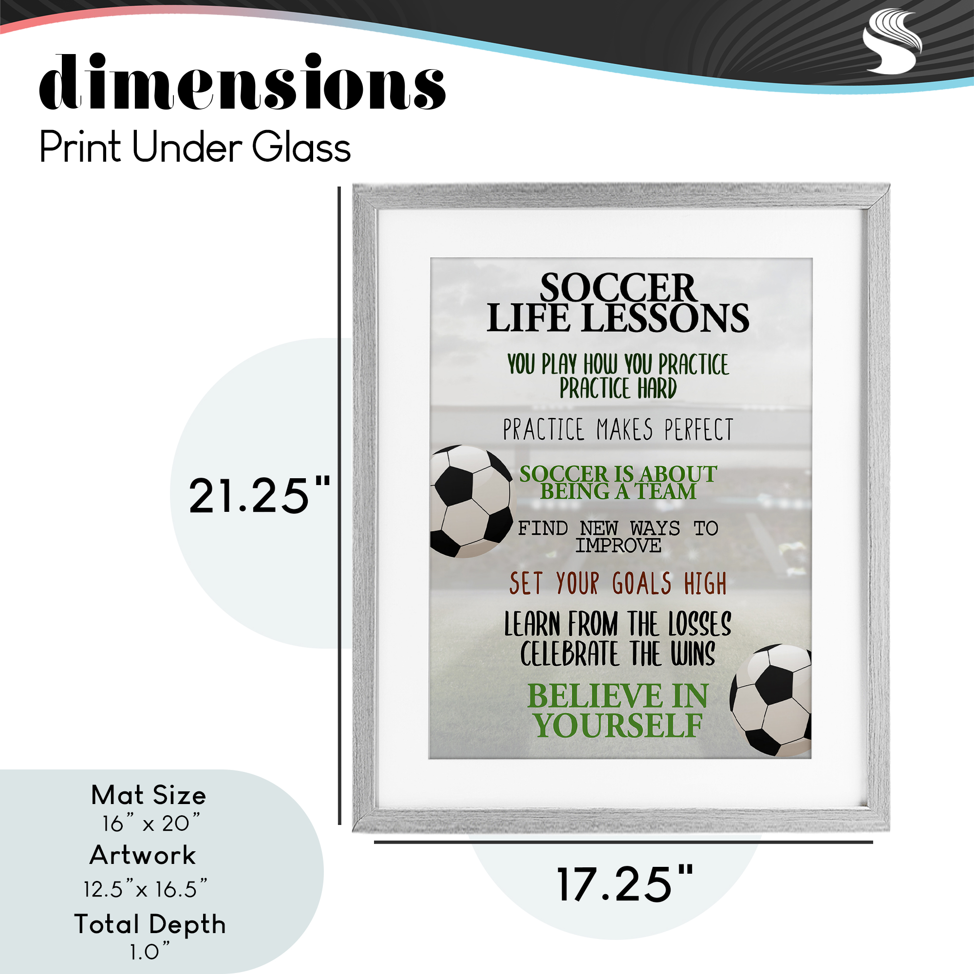 Soccer Life Lessons Gray Framed Print Under Glass, design by Kim Allen