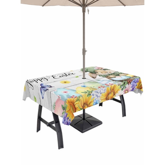 Spring Easter Outdoor Tablecloth - 54x80 Inch Rectangle Dining Table Cover, Watercolor Floral Rabbits Eggs Butterflies Wood Waterproof Outdoor Table Cloth with Umbrella Hole & Zipper for Picnic/Patio