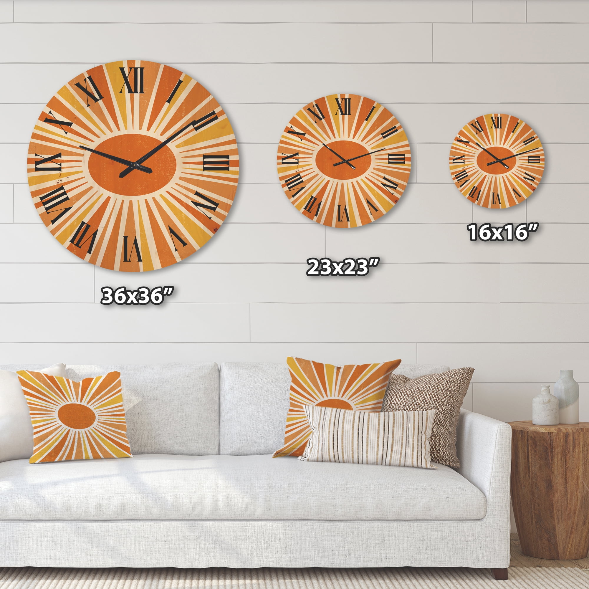 Designart 'Minimal Bright Shining Orange Sun Rays I' Modern Wood Wall Clock