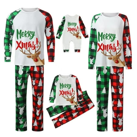 

Wassery Family Matching Christmas Pajamas Baby Romper Letter Elk Print Sleepwear Tops + Christmas Tree Deer Plaid Print Pants Loungewear Home Nightwear Set for Mom Dad Kid Baby