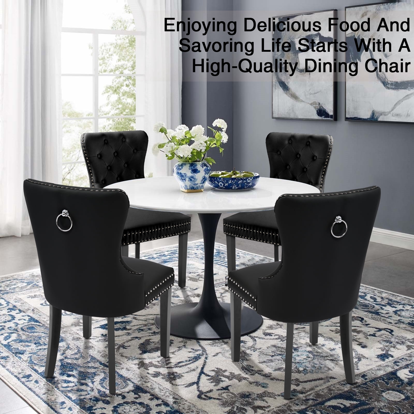 Foredo PU Leather Dining Chairs Set of 2, Tufted Upholstered Dining Room Chair with Pull Ring and Solid Wood Legs, Black