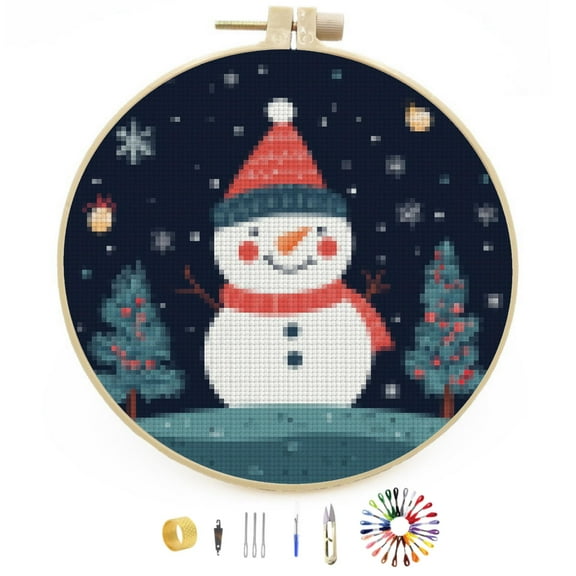 Merry Christmas Winter Snowman DIY Stamped Cross Stitch Kits Easy for Beginners with Hoop 11CT Counted Embroidery Needlepoint Crafts Arts for Handmade Enthusiasts and Home Decor 30x30cm(11)