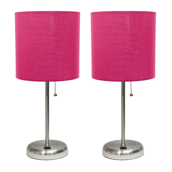 LimeLights Lampe Décorative pour la Maison avec Port de Charge USB, Abat-Jour en Tissu Rose et Base en Acier Brossé - Ensemble de 2