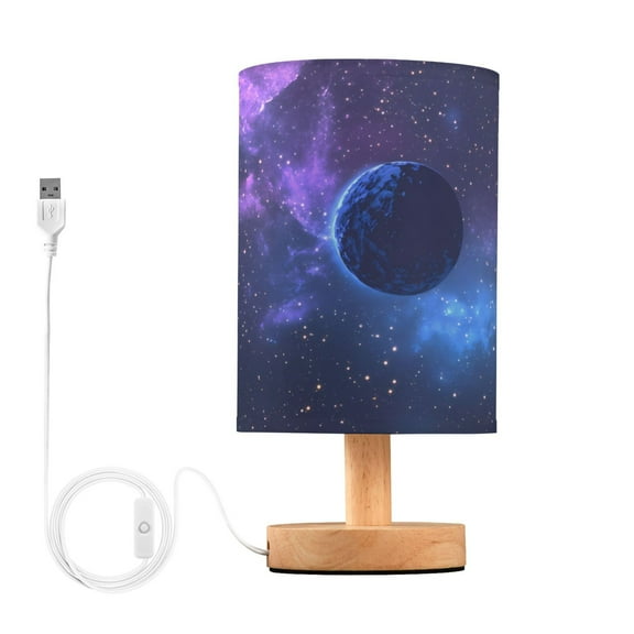 Bedside Desk Lamp LED Blue Planet in Space Table Nightstand Lamps Warm Light Fabric Lampshade for Home Bedroom Office Living Room Decor