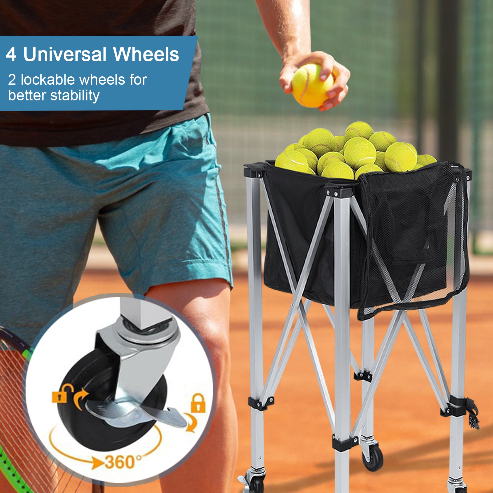 solautey Tennis Ball Hopper for 160 Balls, Tennis Ball Basket for Serve Training, Foldable Tennis Ball Cart with Storage Bag, Portable Pickleball Baseball Hopper Basket