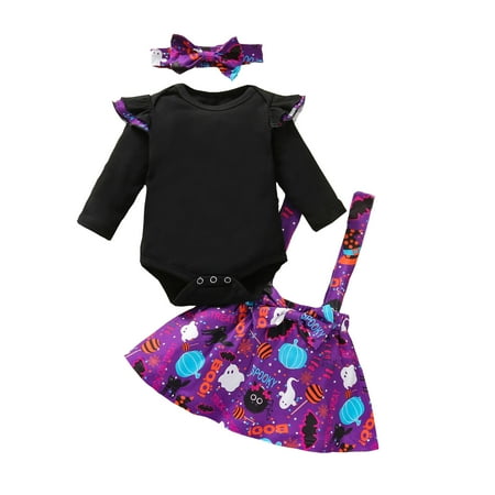

Baby Girls Ruffle Tops+Pumpkin Ghost Suspender Skirt +Hairband Outfits For 6-9 Months
