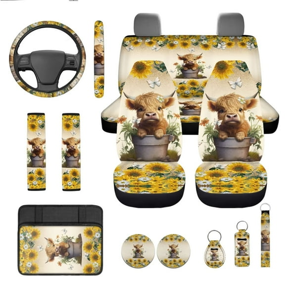 Garronmavis Highland Cow 13 Pieces Seat Cover Set Front and Rear Seat Covers Seat Belt Cover Steering Wheel Cover Coaster Keychain Lipstick Cover Armrest Cover Pad