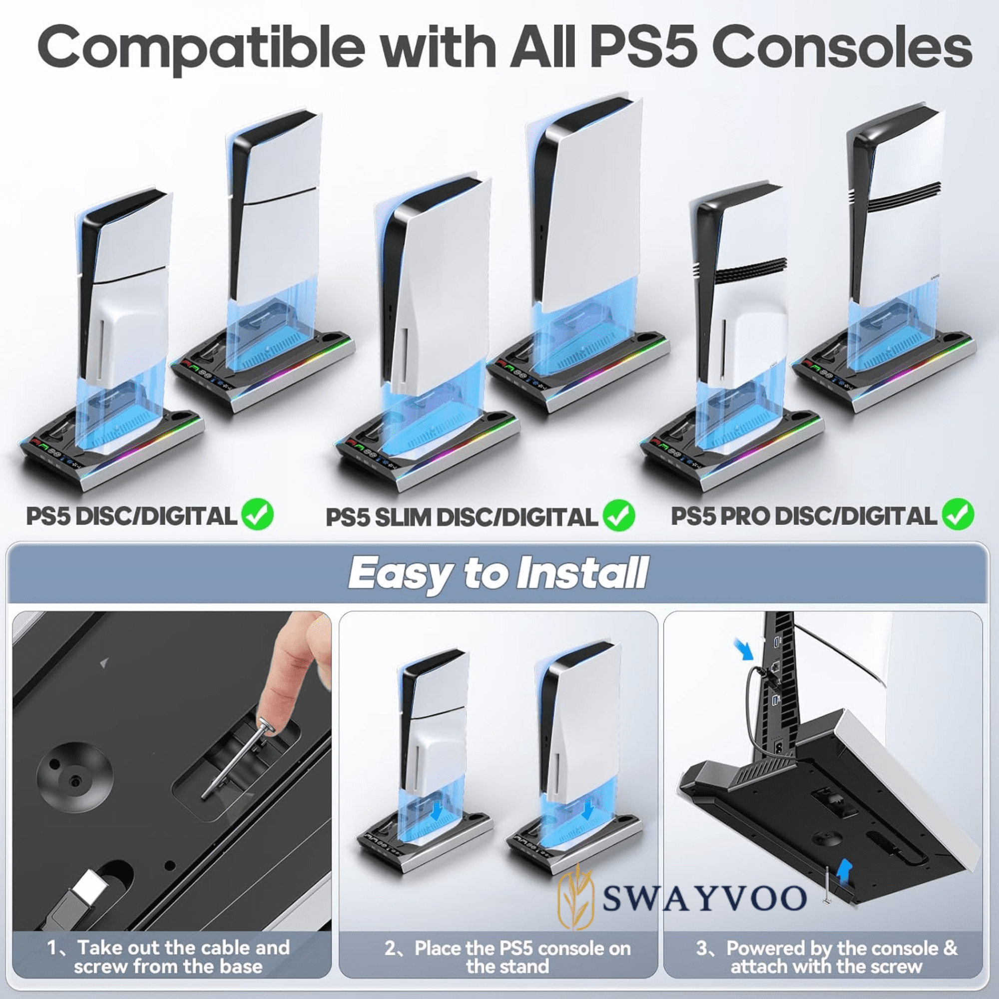 SWAYVOO PS5 Cooling Stand with Fan for PlayStation 5 Console, Controller Charging Dock, Compatible with PS5 Disc, Digital, Slim & Pro, Black thumbnail 14