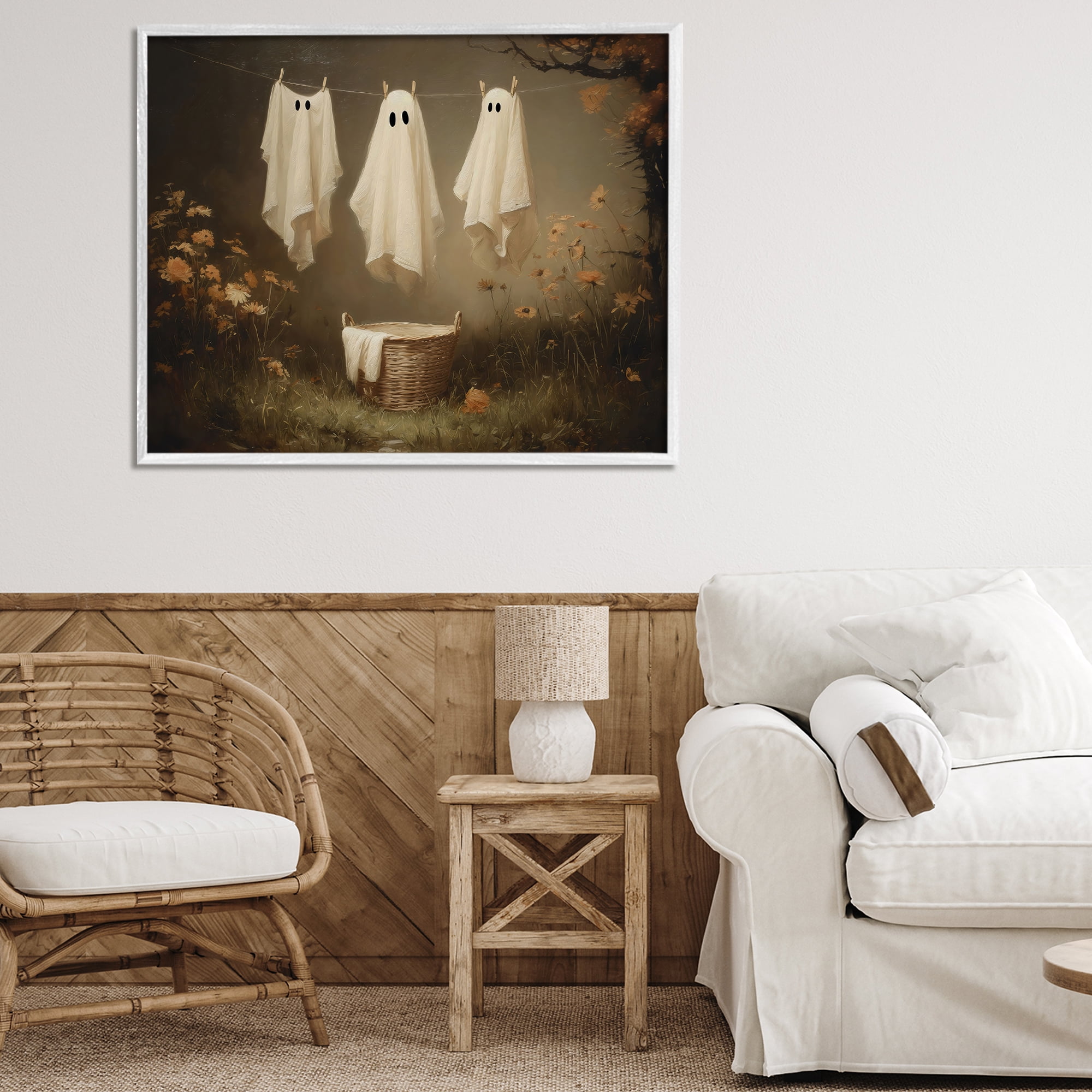 Three Laundry Ghosts Hanging White Framed Giclee Art, design by Arlington Prints