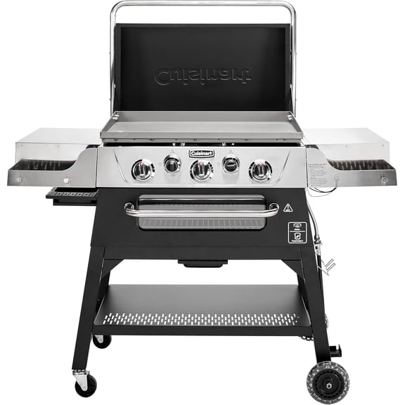 Cuisinart 28” Outdoor Griddler and Broiler Combo, 2-in-1 Carbon Steel Flat-Top Grill and Broiler with Hood, Adjustable Rack, Wheels, Side Tables, Large Cooking Area for BBQs, Outdoor Griddle Station