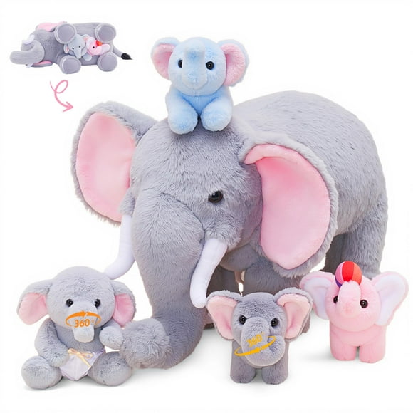 Elefante de peluche OUOZZZ con 4 elefantes bebés