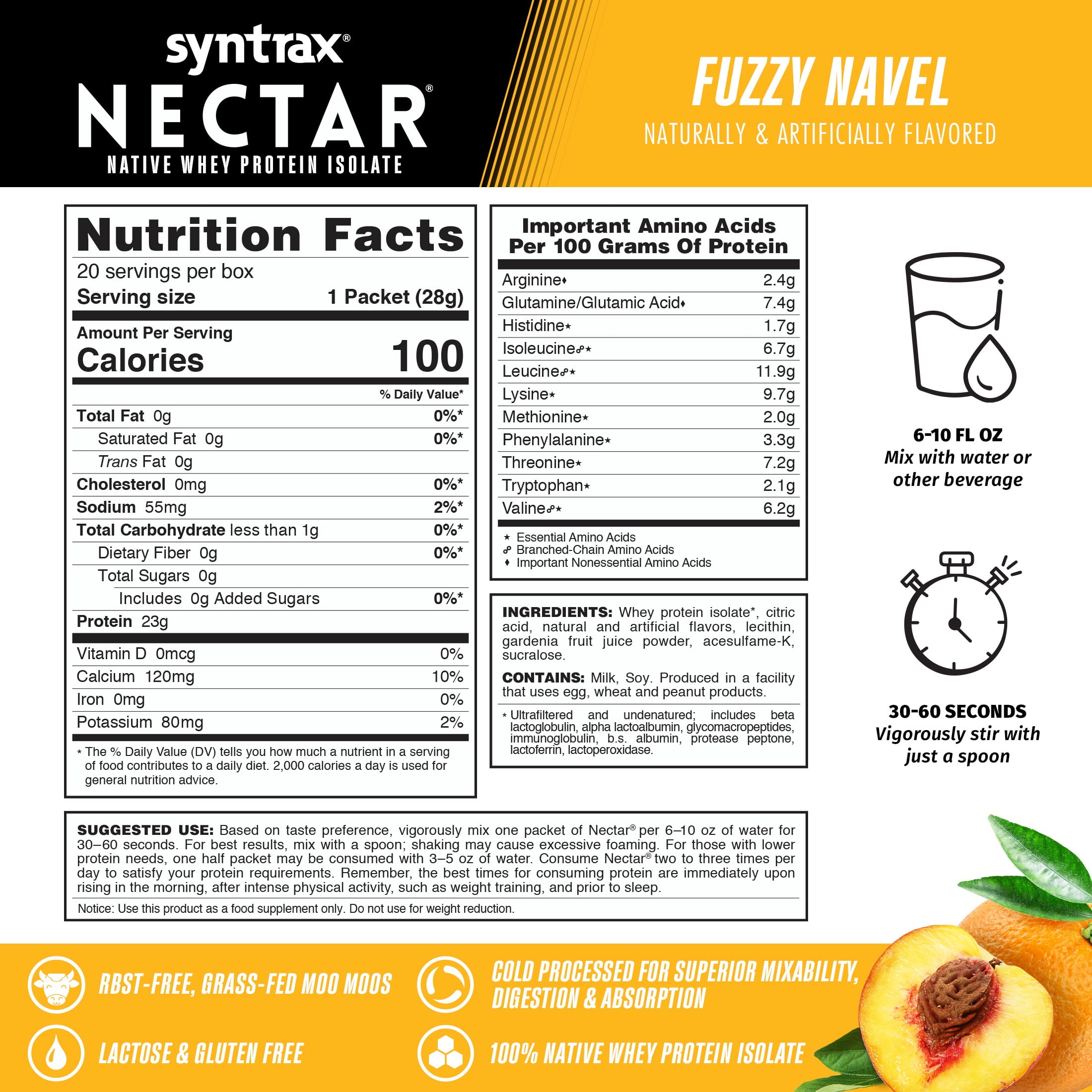 Syntrax Nectar, Fuzzy Navel, 2 lb. 100% Whey Protein Isolate, Refreshing Fruit Flavor
