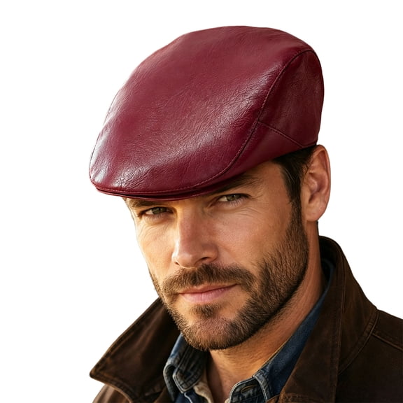 Gtoiithly Men's Leather Flat Cap, Classic Newsboy Cabbie Hat, Vintage Driving Beret Cap for Fall Winter Daily Wear Red One Size