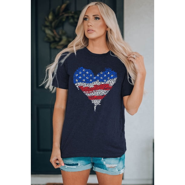 ABPHQTO Camiseta gráfica con estampado en forma de corazón de la bandera estadounidense de leopardo azul para mujer