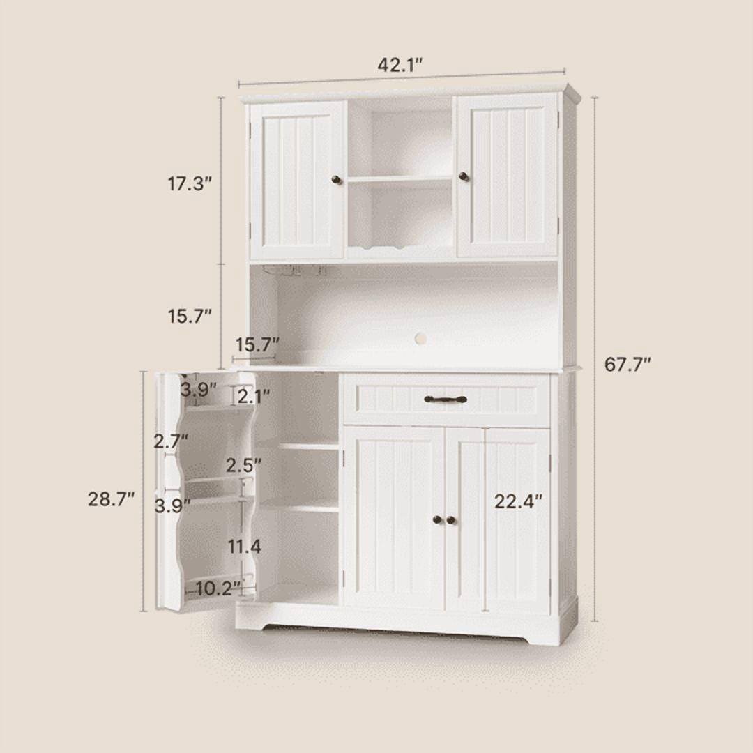 Aiho 67" Farmhouse Kitchen Pantry Storage Cabinet, Modern Coffee Hutch with Doors, Shelves & Microwave Stand, Cupboard for Dining Room - White