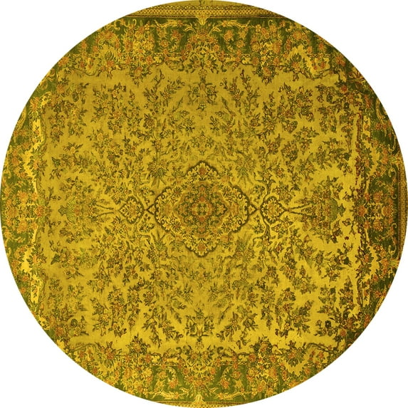 Ahgly Company Machine Washable Indoor Round Medallion Yellow Traditional Area Rugs, 8' Round