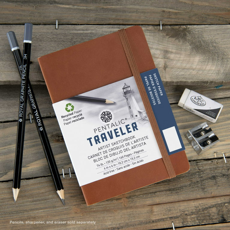 Pentalic - 4x 6 Brown Traveler Pocket Artist Drawing Journal, 160 Pages, 74 lb. Paper