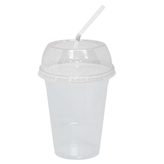 12oz Clear PET Plastic Cups with Wide Hole Dome Lid & Straw: 50 Sets