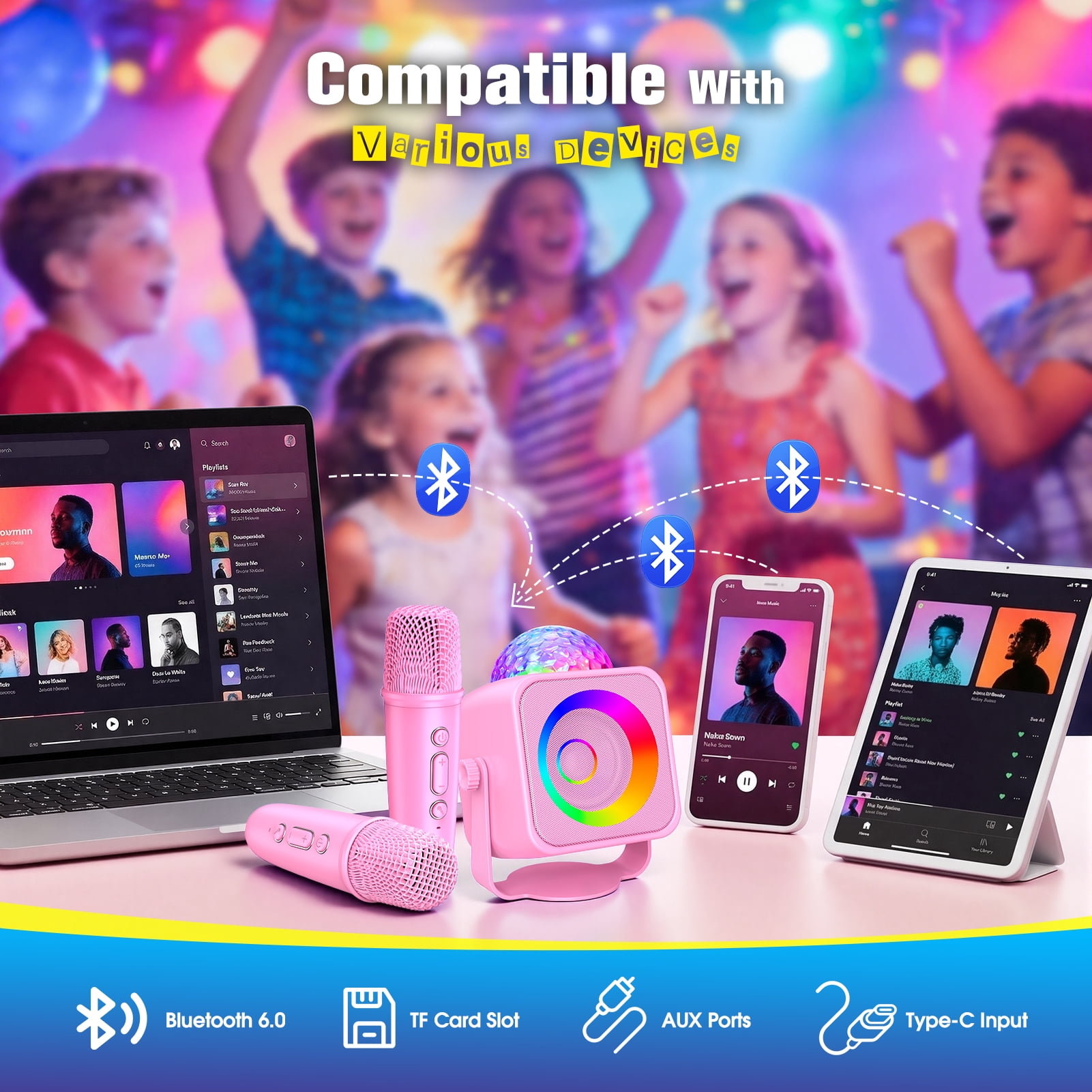 Karaoke Machine for Kids Adults, Portable Bluetooth Karaoke Speaker with 2 Wireless Microphones and Disco Party Lights, Mini Singing Toy Gift for Girls Boys Ages 4-12