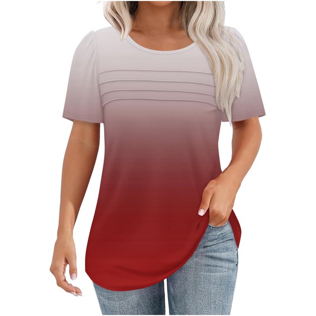 Plebaso Chemises Dégradées pour Femmes Manches Courtes Col Rond Tunique Décontractée Plissée Blouses Amples Habillées