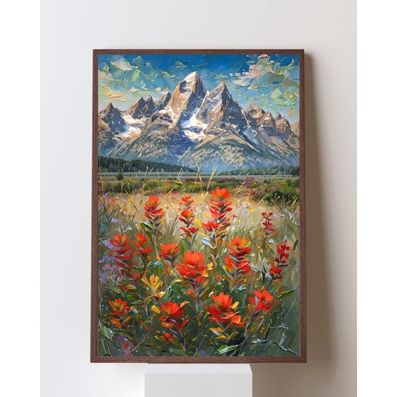 Wyoming Indian Paintbrush Fine Art Poster, Grand Tetons Wall Art, Impasto Wildflower Landscape, Western Artwork, Unframed Poster Size 8x12
