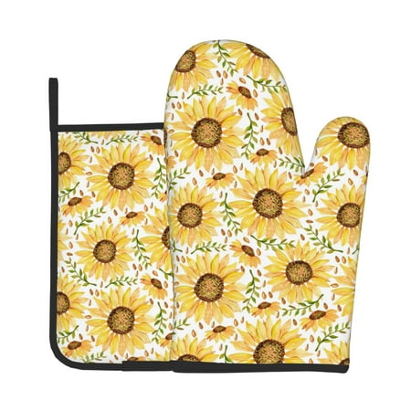 

KLL Watercolor With Sunflowers Pattern Oven Mitts and Pot Holders 2pcs Sets for Kitchen Oven Mitt Heat Resistant 536°F Oven Gloves for Kitchen Cooking and Baking