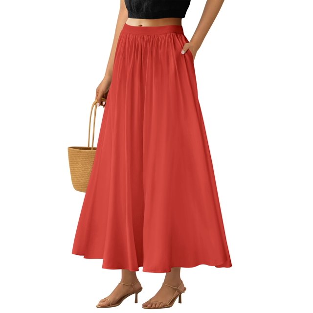 Falda larga PRETTYGARDEN 2025 con volantes de verano, cintura alta, roja