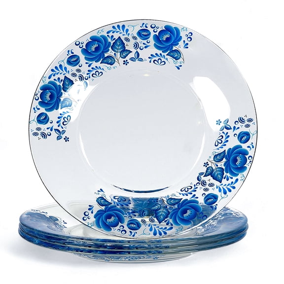 STP GOODS Gzhel Glass Appetizer Plate Set of 4 Pcs 7.9" (20 cm) Service for 4 Dessert Plates, Blue and Clear 0 cm)