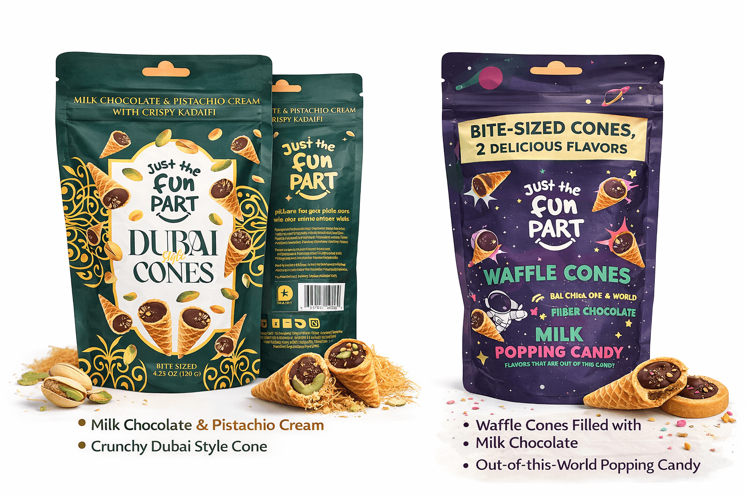 Just the Fun Part Dubai Cones & Waffle Cones Bite Sized 4.23oz 120g (2 Bags)