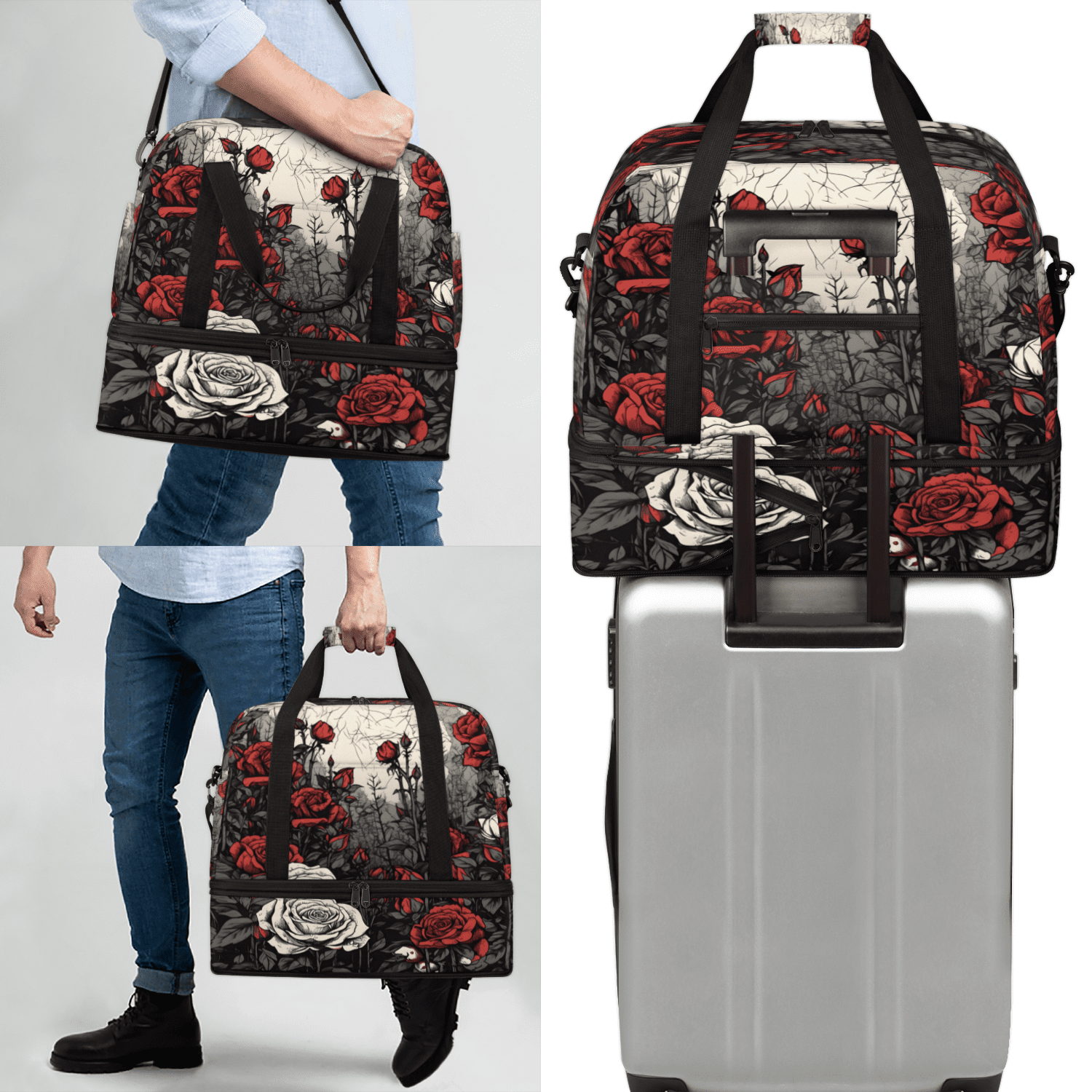 Herdesigns Rose Foldable Travel Duffle Bag for Women and Men Lightweight Carry On Overnight Bag Vintage Floral Flower Gym Luggage Weekender Bags with Shoe Compartment
