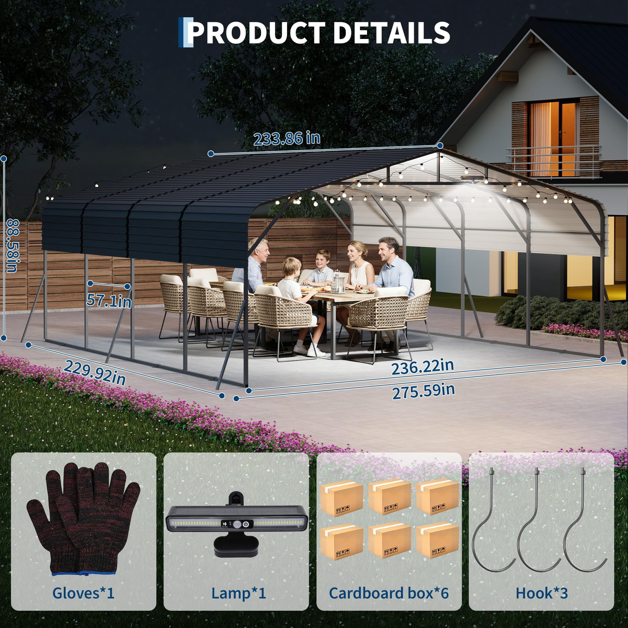 20x20FT Heavy Duty Metal Carport w/Led Light,Outdoor Portable Car Garage,Reinforced Base & Galvanized Steel Roof, Outdoor Car Port Canopy Shelter for Boats, Full-Sized Pickup Trucks