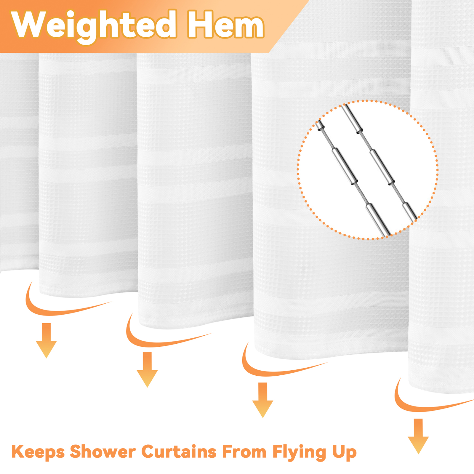 FRAMICS Waffle Weave Shower Curtain Sets with Rug, 14-Piece Striped Bathroom Sets with Hooks, Heavy-Duty Waterproof Fabric, Hotel Grade, White, 71.3" x 71.3"