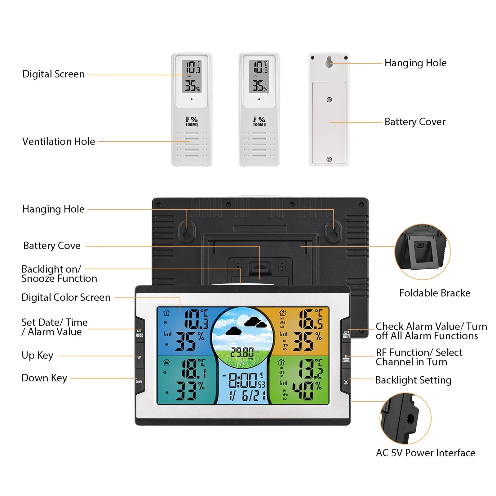 Digital Weather Station with 3 Remote Sensors 328ft/ 100m Temperature Humidity Alarm Clock with Weather Function for Warehouse ,High Precision