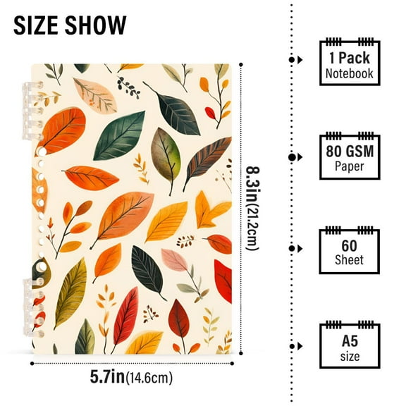 FORMRS 1-Subject Spiral Notebook 8" x 5" College Ruled 60 Refillable Sheet A5 Hard Cover, 2 Pack, Colorful Leaves
