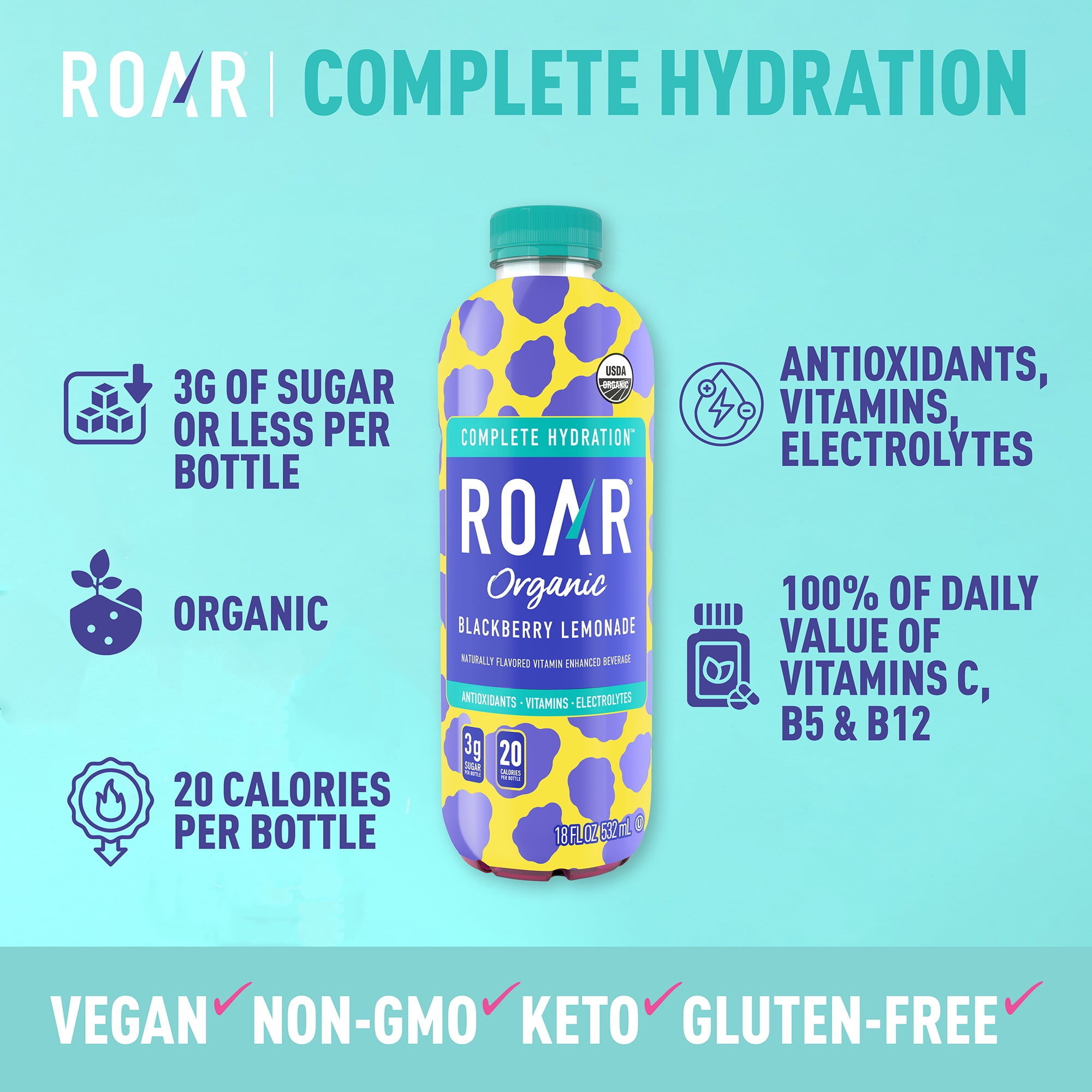 Roar Complete Hydration Organic - Blackberry Lemonade - 12 x 18 oz