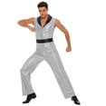 thumbnail image 2 of Hansber Men's Retro 70s Outfit Disco Dance Jumpsuit Sleeveless V Neck Hippie Style Bodysuit for Stage Silver M, 2 of 7