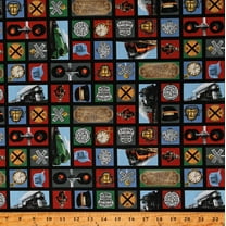 Cotton On the Right Track Trains Railroads Signs Lights Railroad Crossings Engines Multicolor Cotton Fabric Print by the Yard (B3073-99)