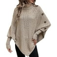 thumbnail image 2 of Dagegui Womens Cable Ribbed Knit Sweater Turtleneck Batwing Sleeve Shawl Fall Warm Pullover Sweaters with Shoulder Buttons Khaki,M, 2 of 8