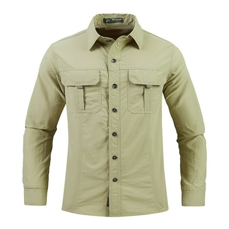 ZCFZJW Men s Shirt Button Up Sun Protection Shirt Cargo Shirt Quick Dry Fishing Cooling Long Sleeve Solid Color Button Down Shirt Outdoor Safari Shirts Hiking Khaki XXL