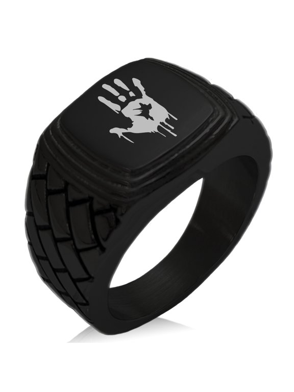 Stainless Steel Biohazard Zombie Hand Mark Geometric Pattern Step-Down Biker Style Polished Ring