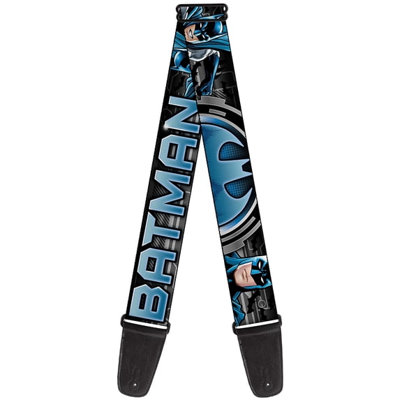 DC Comics Guitar Strap, Batman Poses Bat Signal Close Up Black Grays Blues, 2 Inches Wide