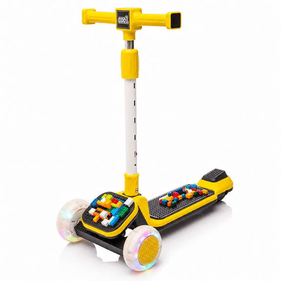 Kids Scooter 3 Wheel with Building Blocks,Scooter for Kids Style Kick Scooter with Flashing Wheels | Adjustable Ride On Toy for Boys & Girls Ages 3-9, Foldable & Safe, Yellow