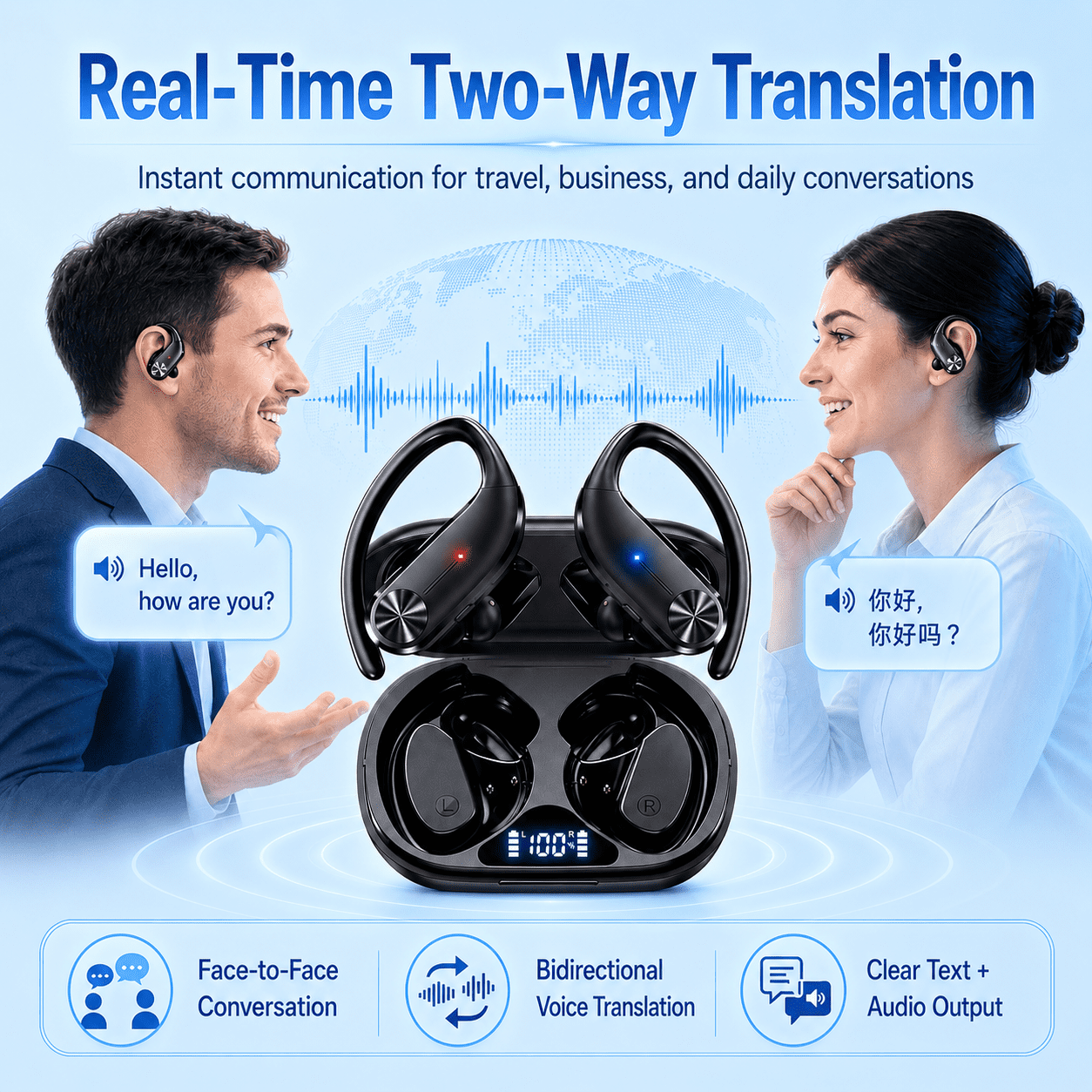 AI Translation Earbuds Real Time, 144 Languages 3-in-1 Wireless Headphones Noise Canceling Offline Mode 60H Playtime, Bulit in AI Assistant for Travel & Business Learning thumbnail 4