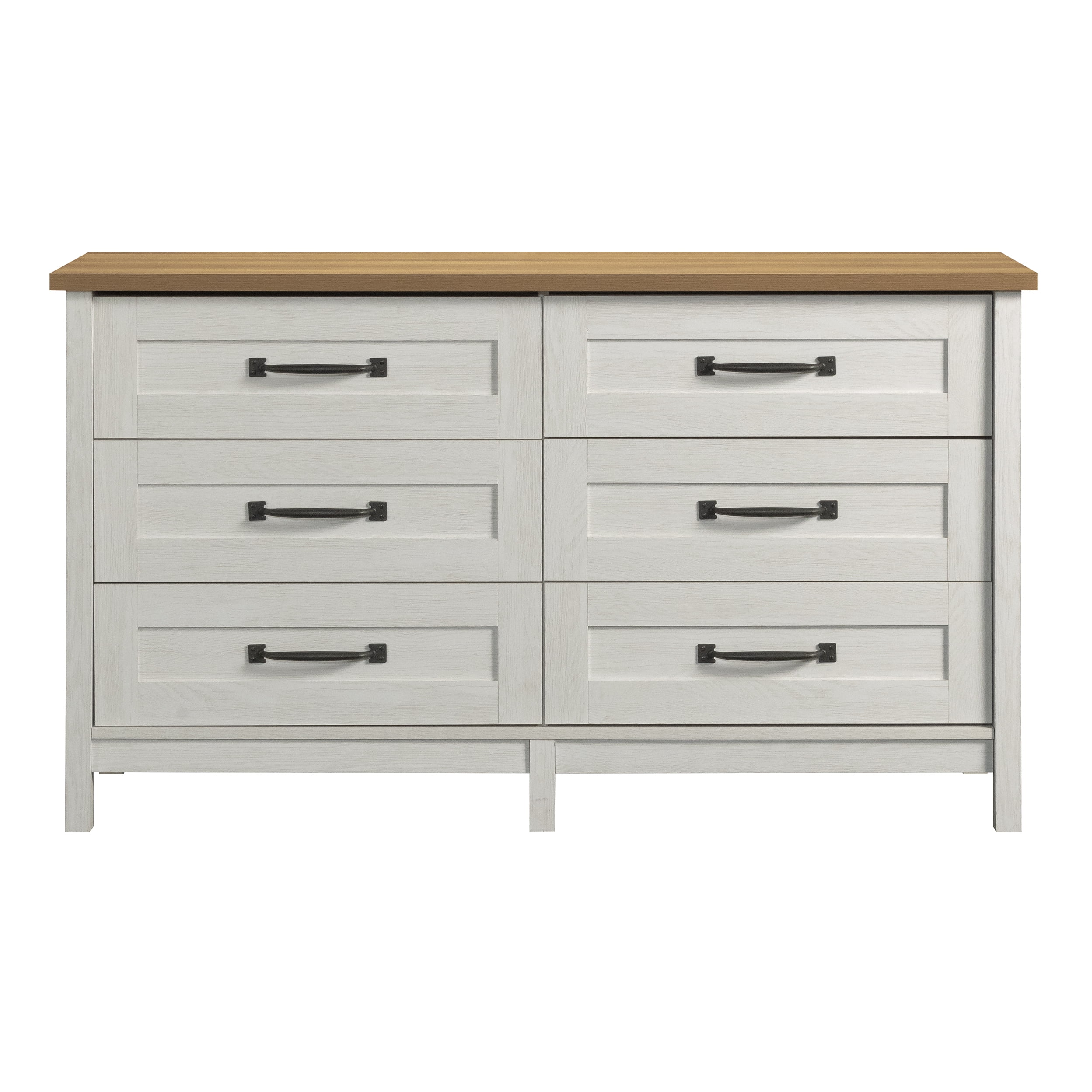 Better Homes & Gardens Modern Farmhouse 56.85" Wide 6 Drawer Dresser, Alabaster and Light Honey Finish