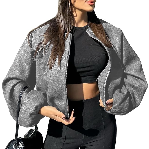 Chaqueta Corta Informal con Cremallera para Mujer, Estilo Universitario, Abrigos de Moda con Bolsillos de Ribete Gris XS