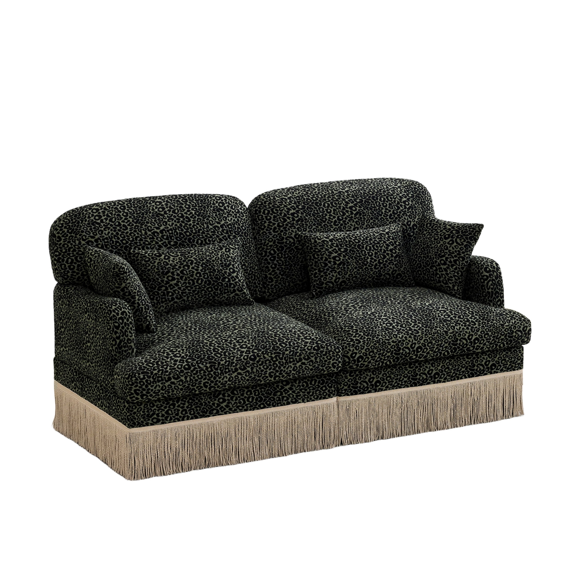 Noble House Carola Leopard Print Chenille 2-Seater Sofa, Modular Sectional Couch with Tassel Trim, Green