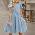 thumbnail image 5 of Midi Dress for Teens Girls Cotton-Linen Cute Ruffles Cap Sleeve Crew Neck Drawstring High Waisted Juniors Solid Lightweight Dress Size 4-14, 5 of 8