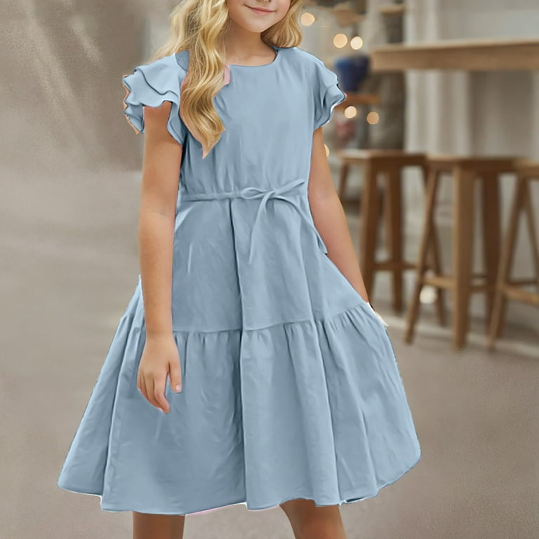 Odeerbi Teen Girls Summer Cotton Linen Dress Ruffle Sleeve Tiered